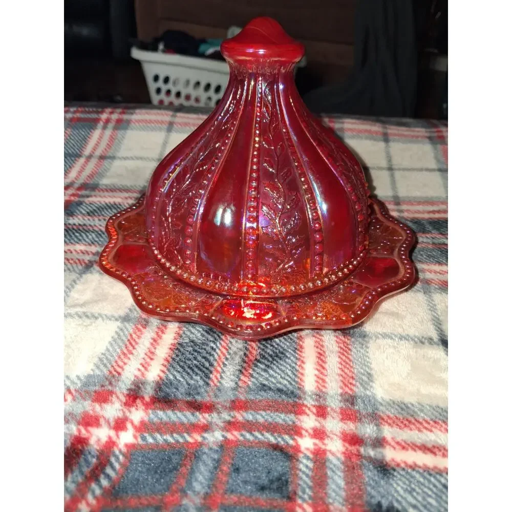 Vintage Amberlina Carnival Glass Domed Butter Dish Beaded Holly Summit UV